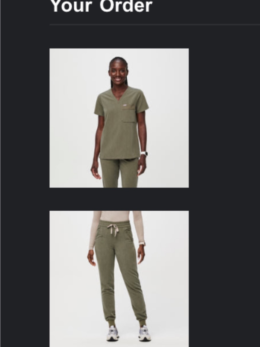 Figs Scrubs - Heather Olive Green Scrub Top and Jogger Set. Size small in both